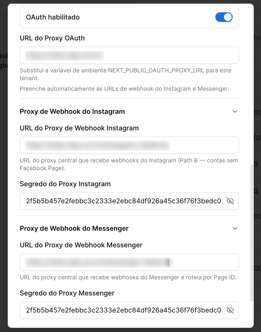 O sistema - tela de configuração do Tenant - oauth instagram e facebook messenger